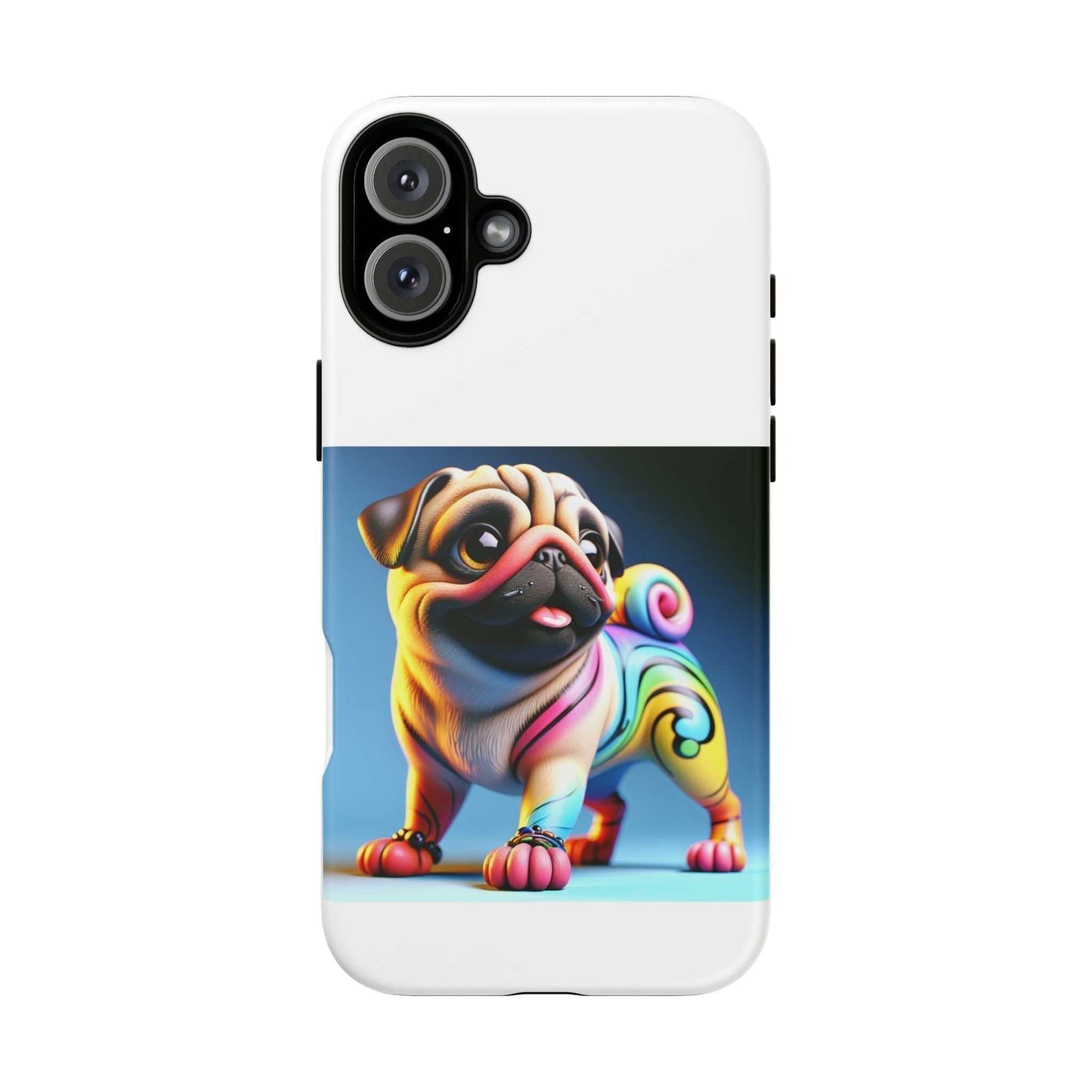 Pug dog phone case with colorful 3D design, durable and shock-absorbent.