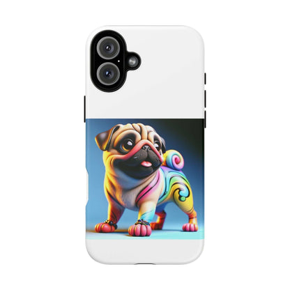 Pug dog phone case with colorful 3D design, durable and shock-absorbent.