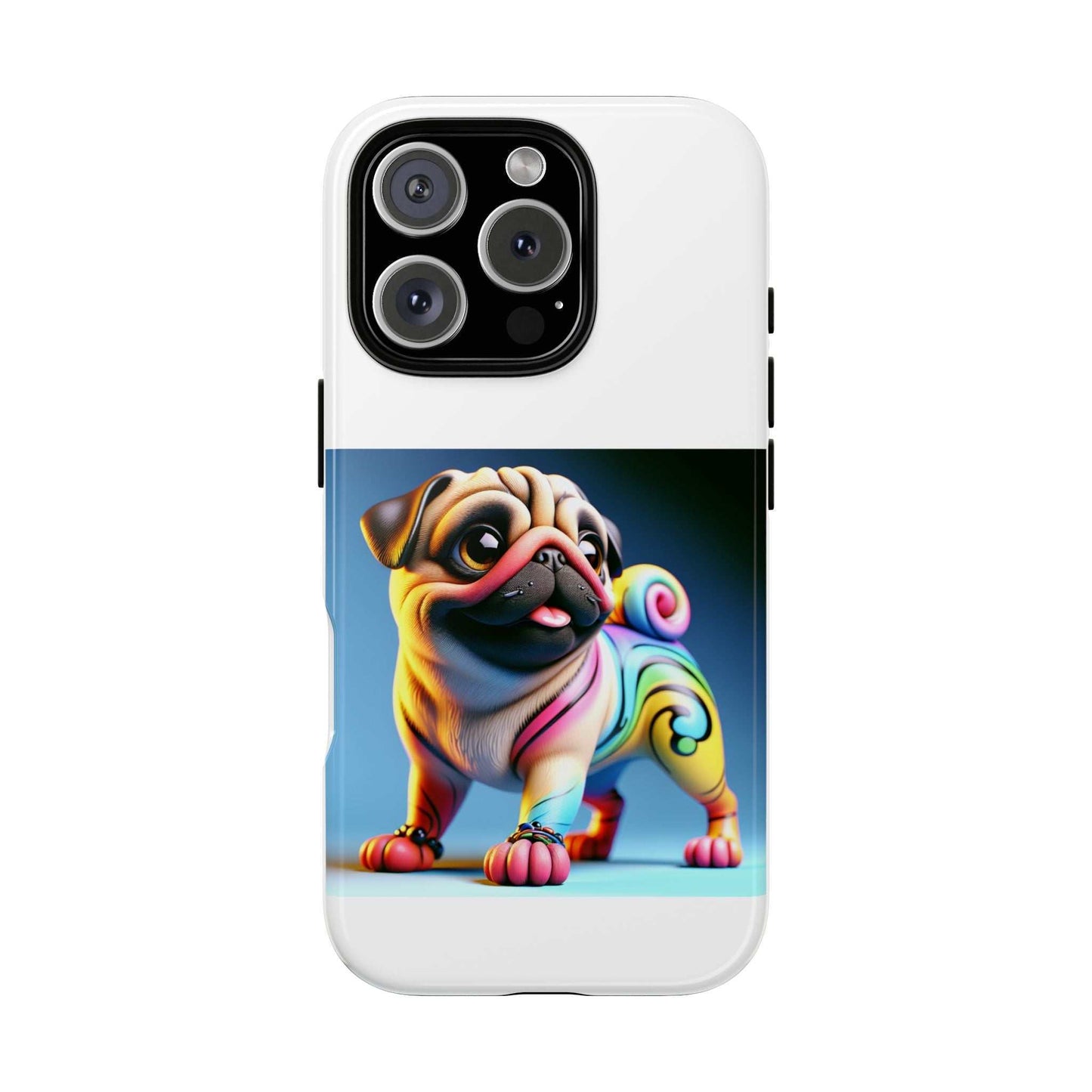 Pug dog phone case with 3D wrap design, durable and shock-absorbent.