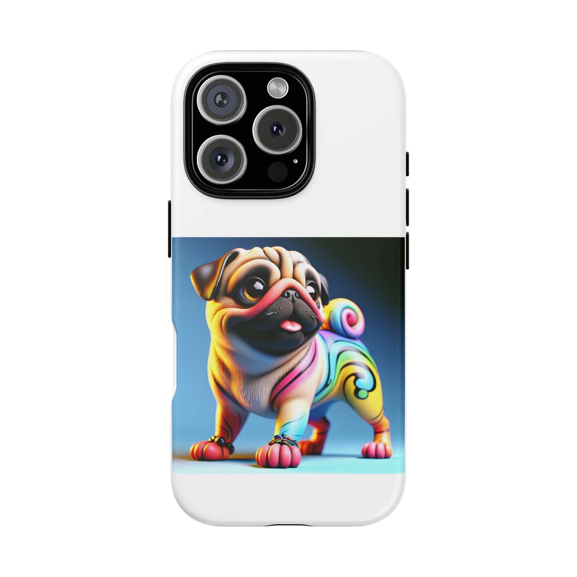 Pug dog phone case with 3D design, UV protection, and durable, shock-absorbing materials.