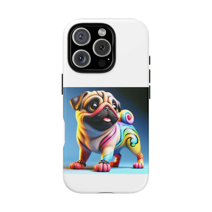 Pug dog phone case with 3D design, UV protection, and durable, shock-absorbing materials.