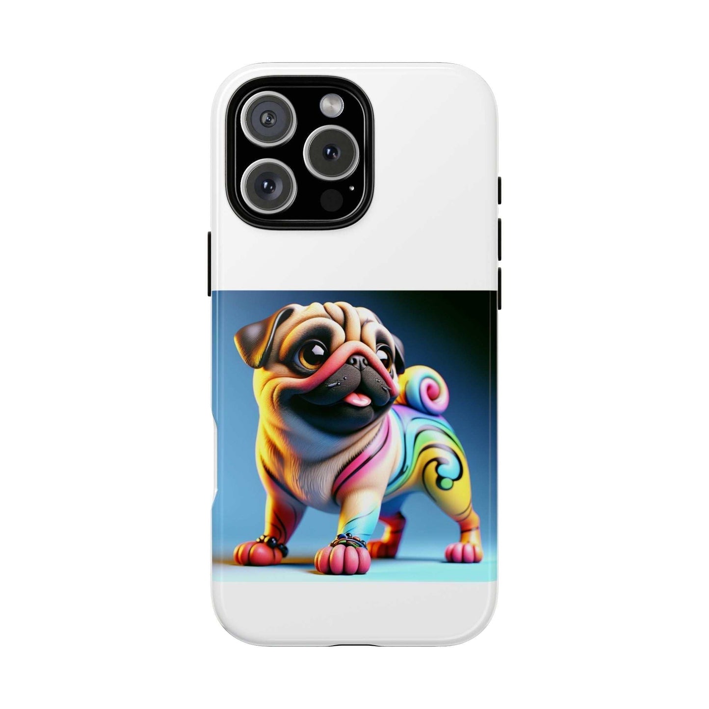 Pug dog phone case with 3D wrap design, UV protected and impact resistant.