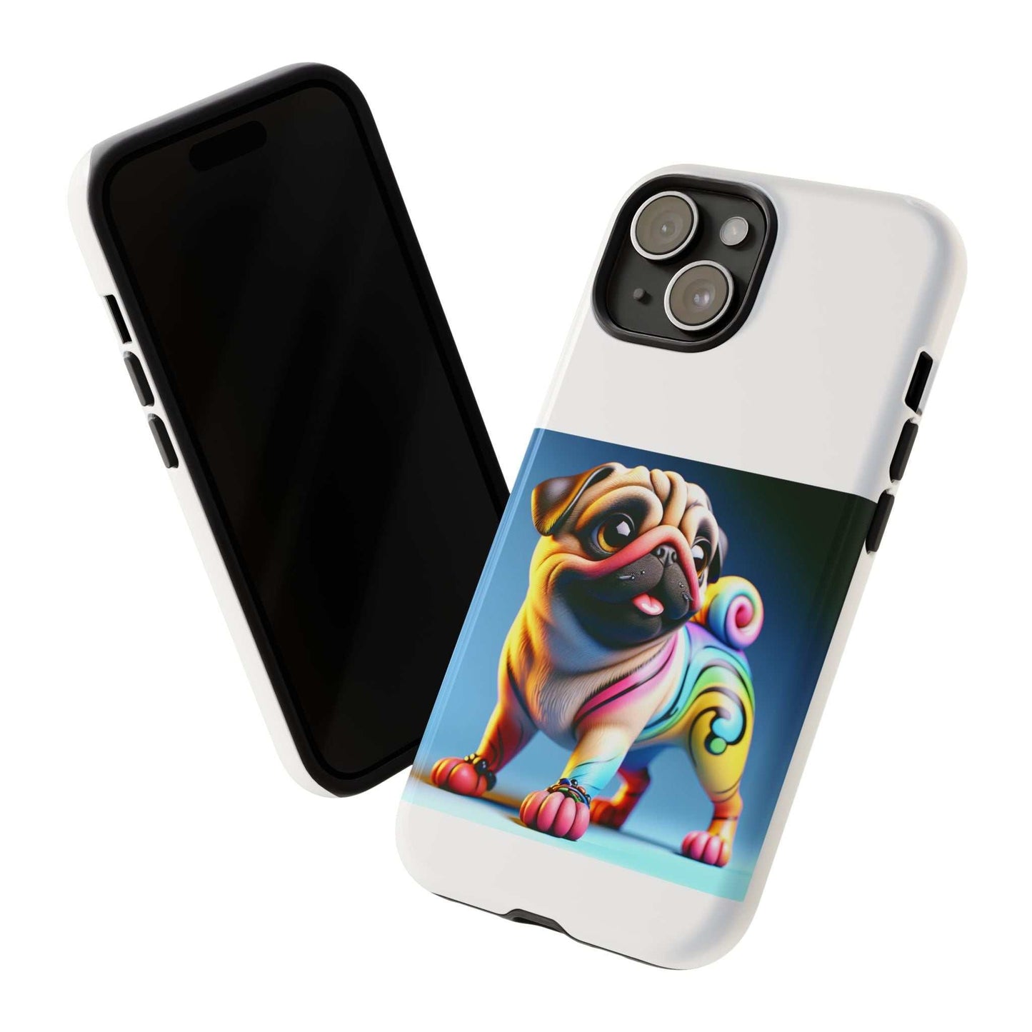 Pug dog phone case with 3D wrap design, dual layer protection, and cute vibrant pug illustration.