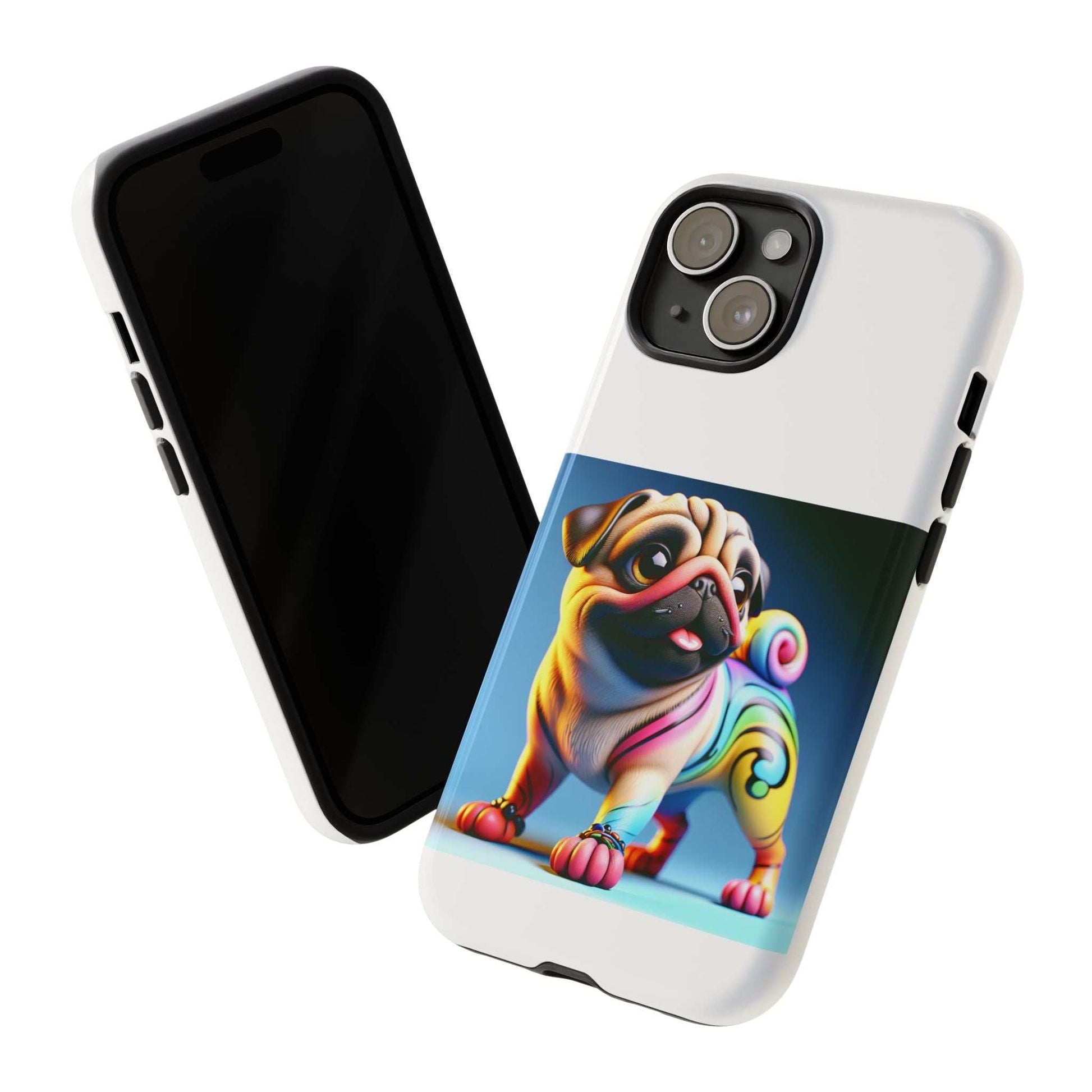 Pug dog phone case with 3D wrap design, dual layer protection, and cute vibrant pug illustration.