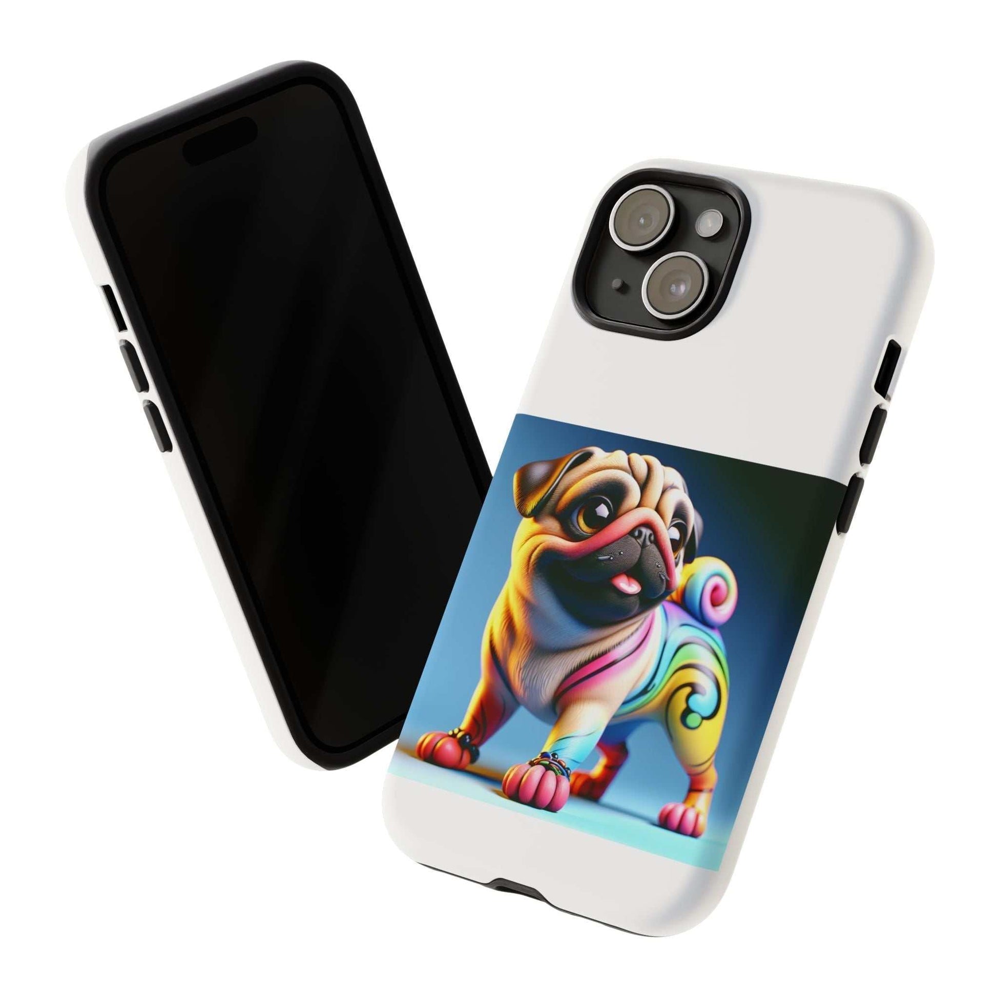 Pug dog 3D phone case with colorful design, durable and impact resistant.