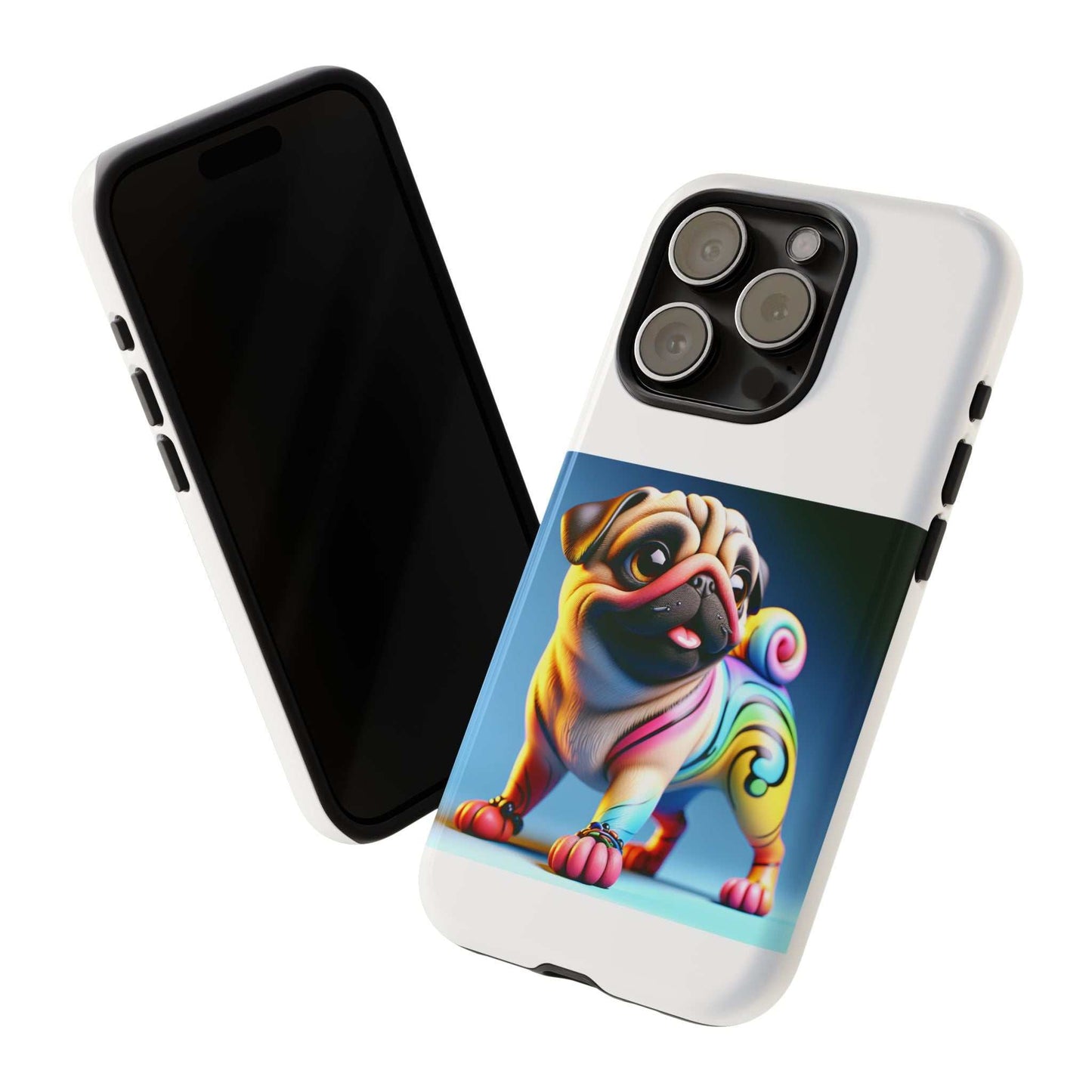 Pug Dog 3D phone case with colorful design, dual layer protection, and silicone liner.