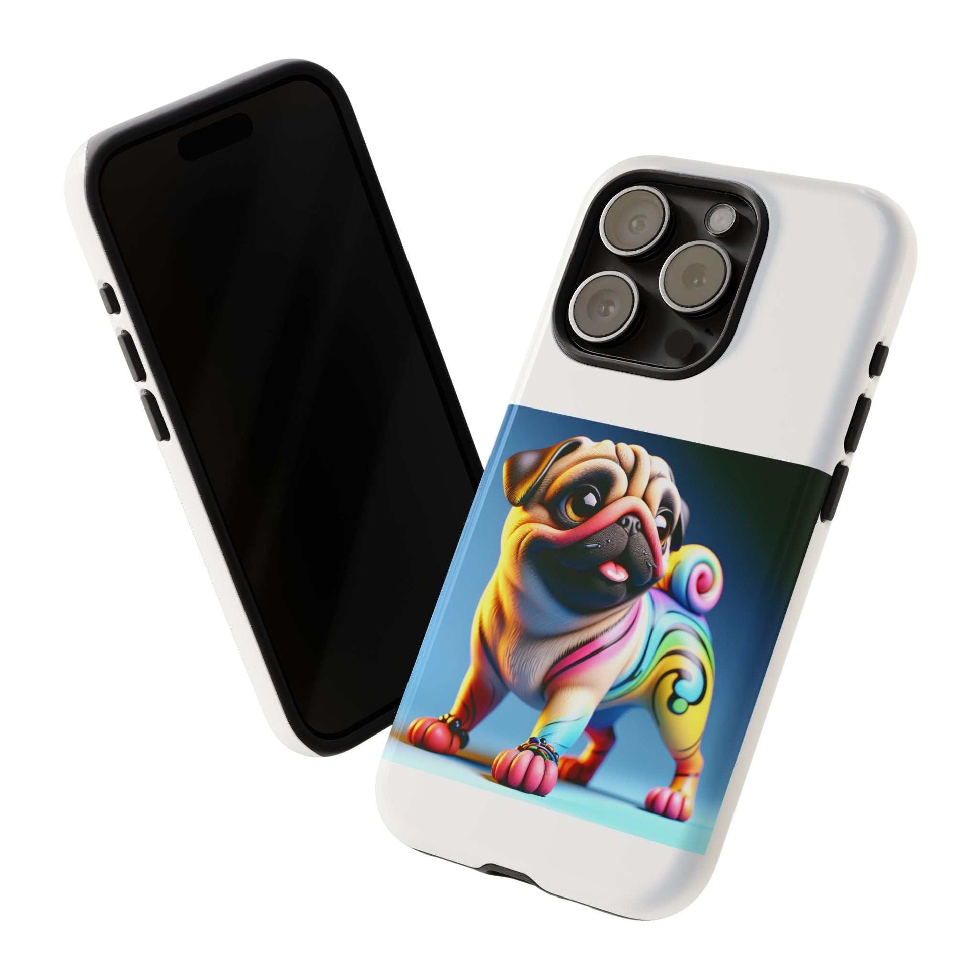 Pug Dog 3D phone case with colorful design, dual layer protection, and silicone liner.