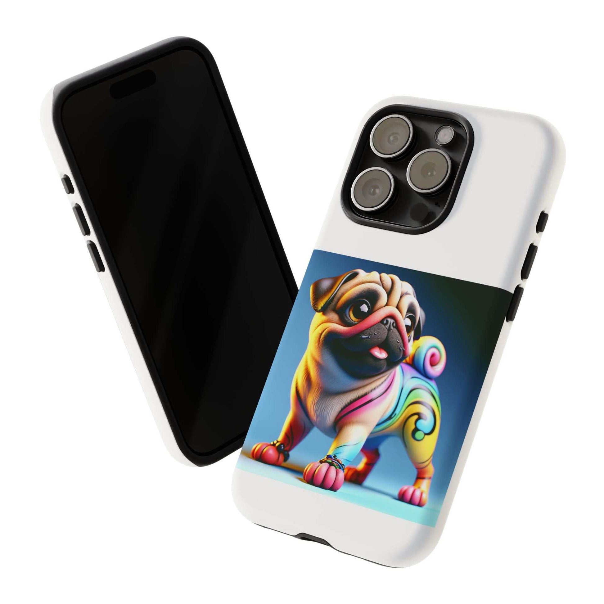 Pug dog phone case with 3D design and durable dual-layer protection.
