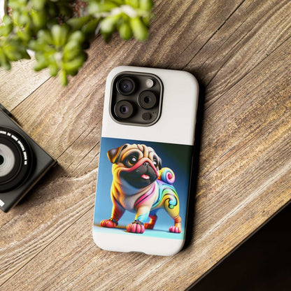 Pug dog tough phone case with 3D wrap design, durable and impact resistant.