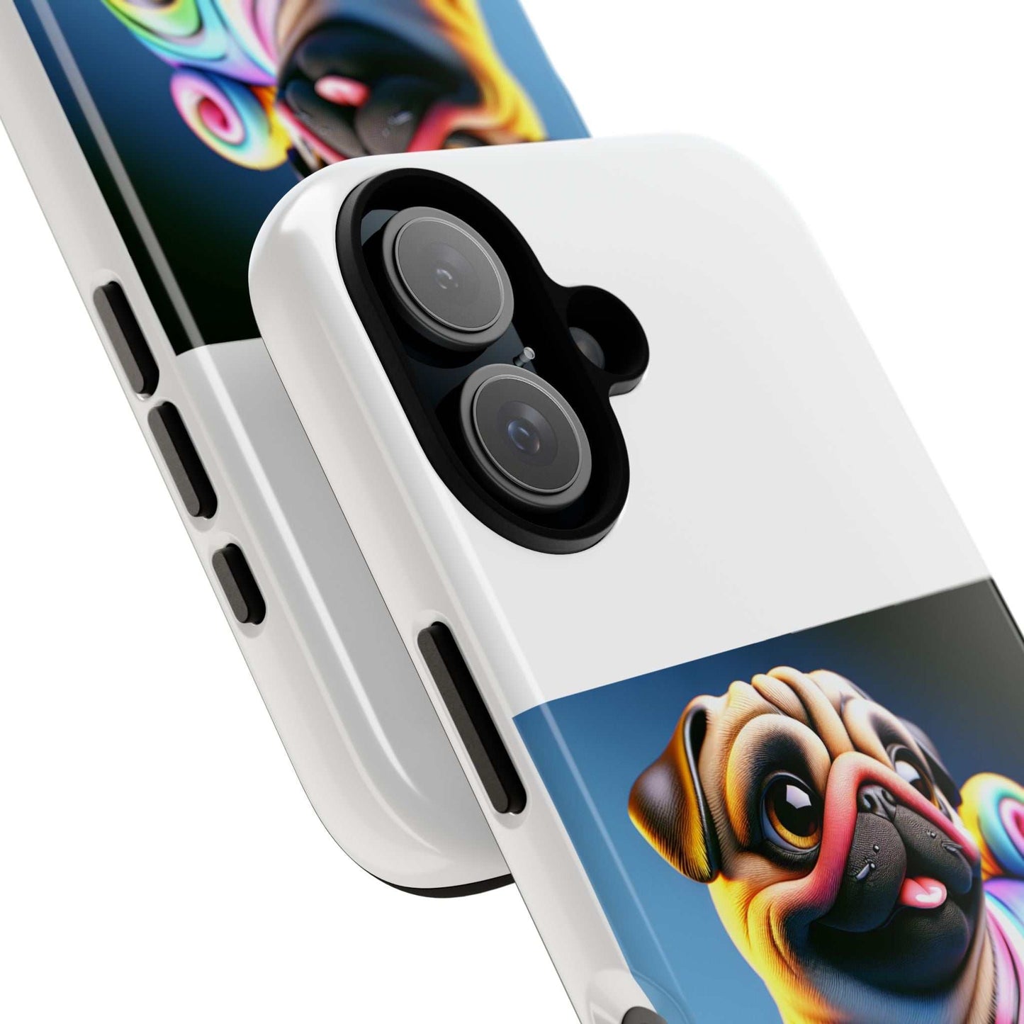 Pug dog phone case with 3D wrap design, dual-layer protection, and vibrant colors.