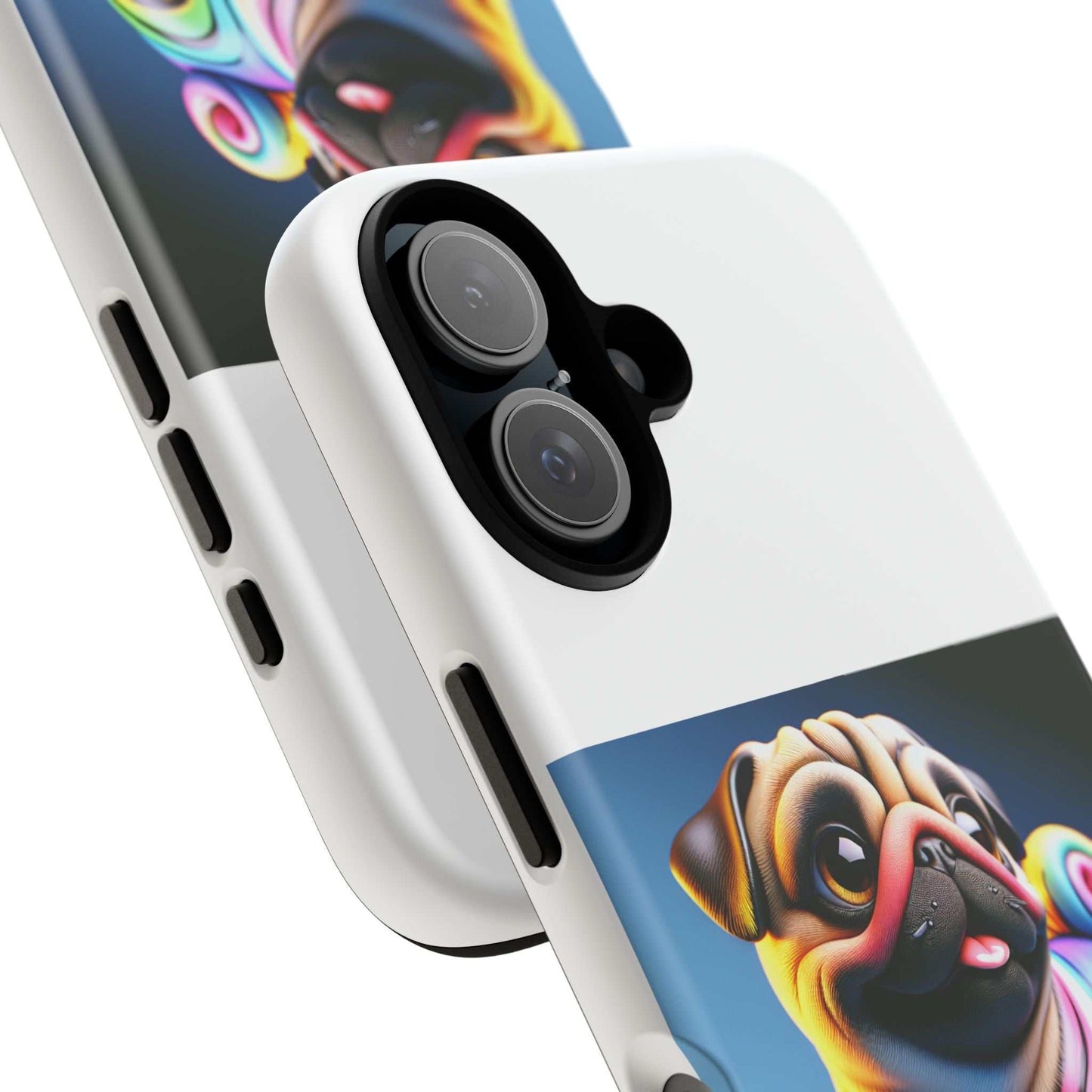 Pug dog phone case with 3D wrap design and durable, impact-resistant materials.