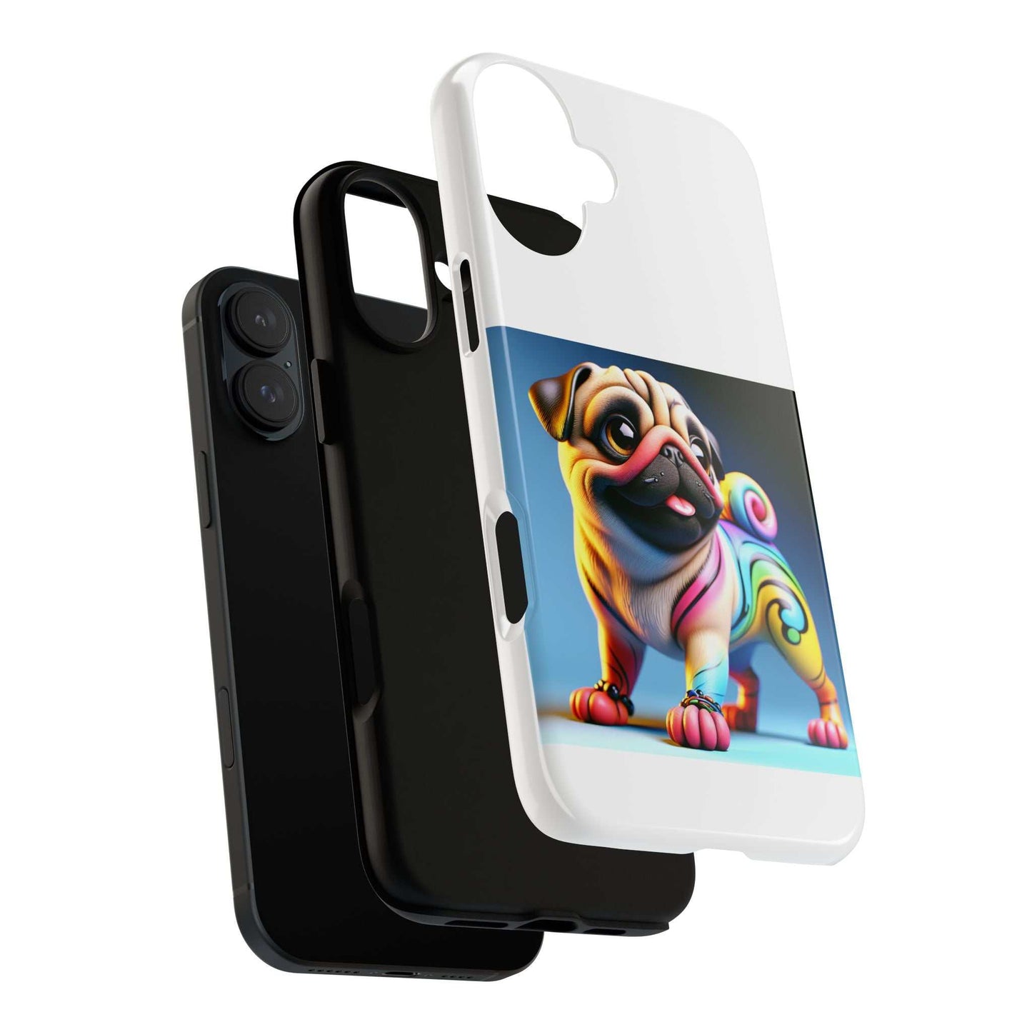 Pug dog phone case with 3D wrap design and protective features.