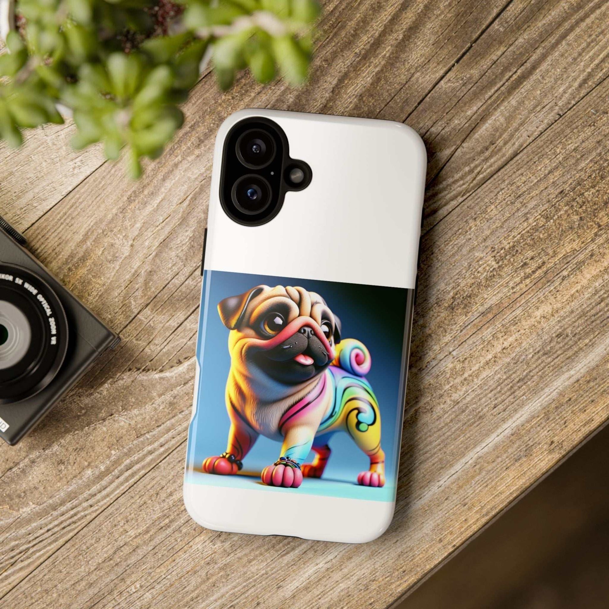 3D pug dog phone case on wooden surface, vibrant design, durable protective cover.
