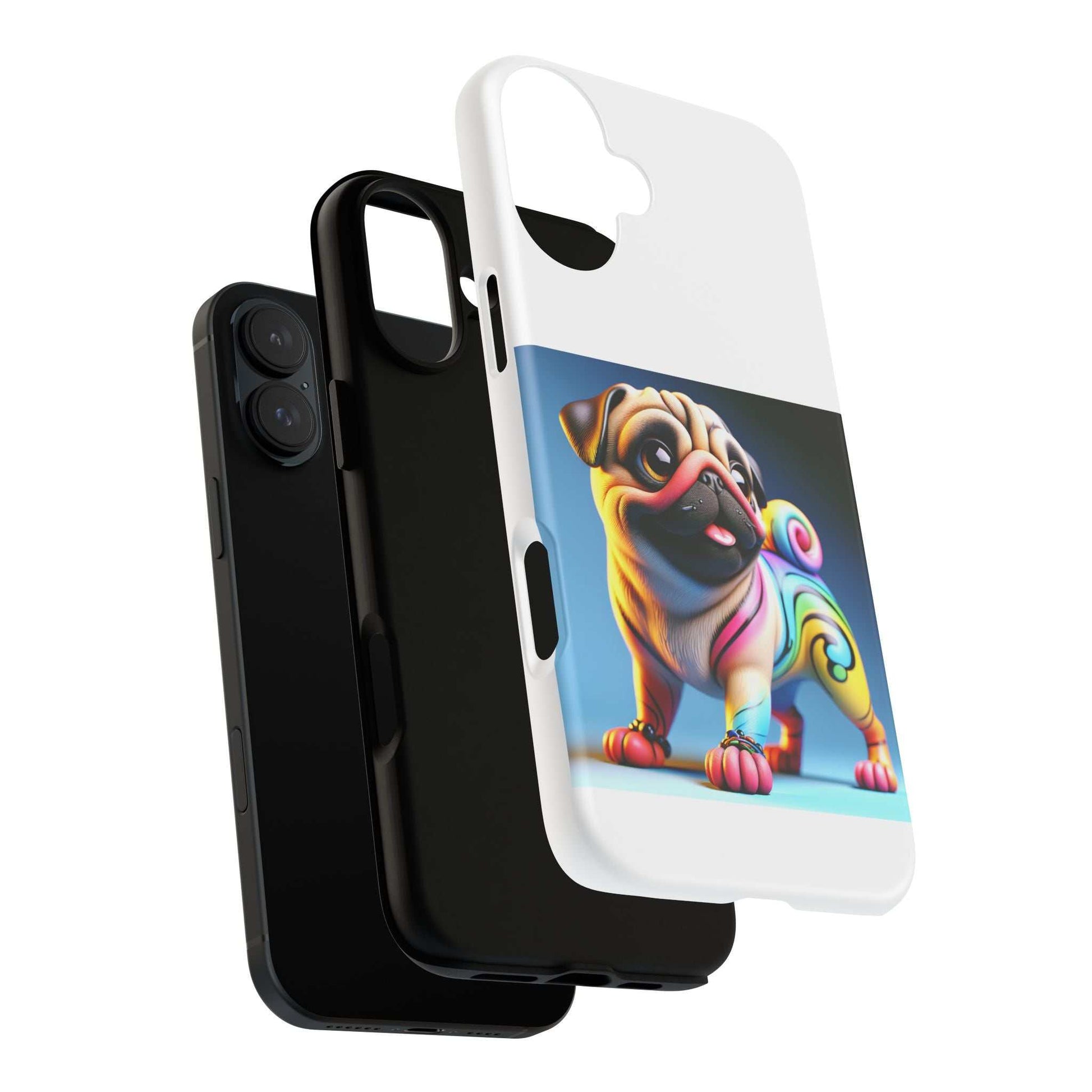 Pug dog phone case with 3D design, durable and impact resistant, ideal for animal lovers.