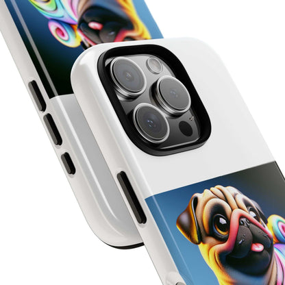 Pug dog phone case with colorful 3D design, durable dual layers, and silicone lining for protection.