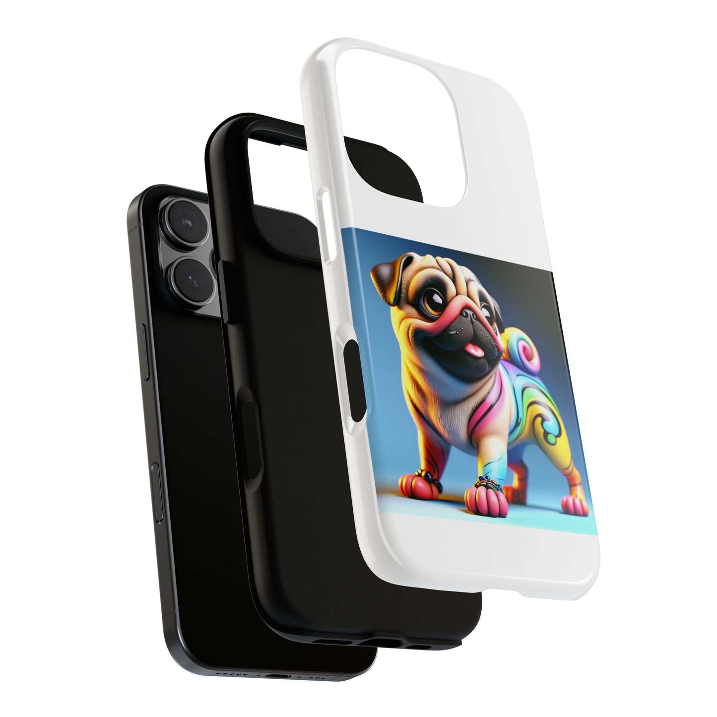 Pug dog phone case 3D design with dual layer protection.