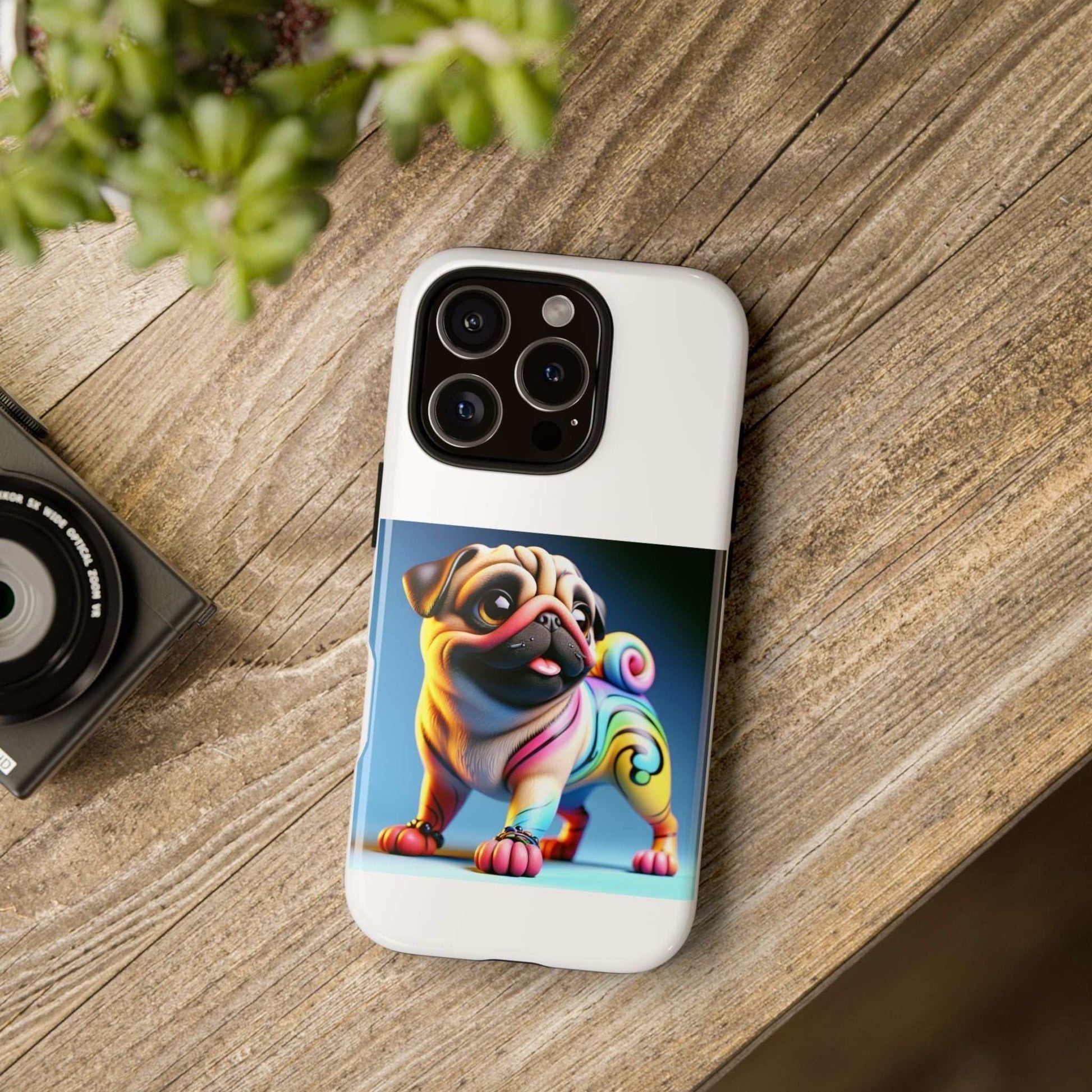 Pug dog phone case with 3D wrap design and vibrant colors.