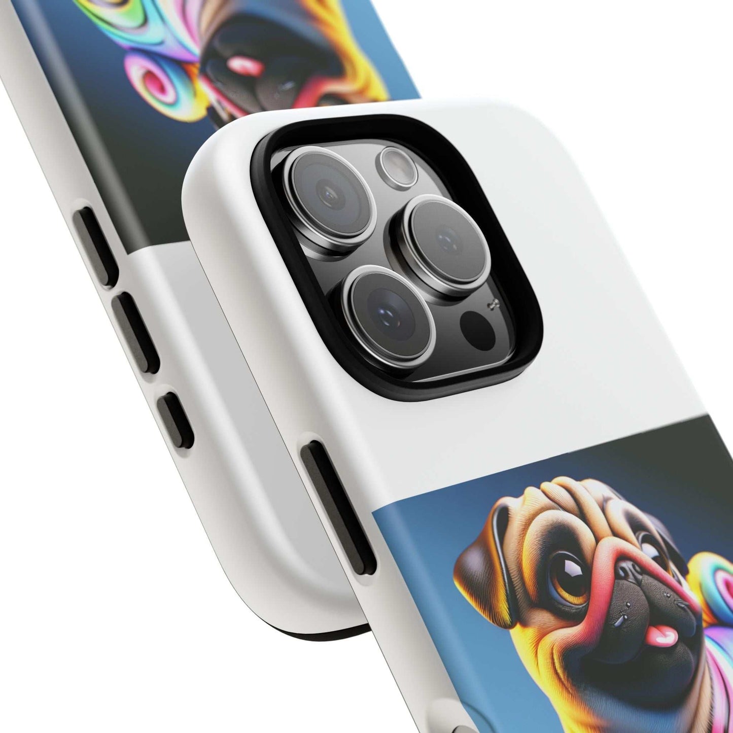 Pug dog phone case with 3D wrap design and vibrant colors.