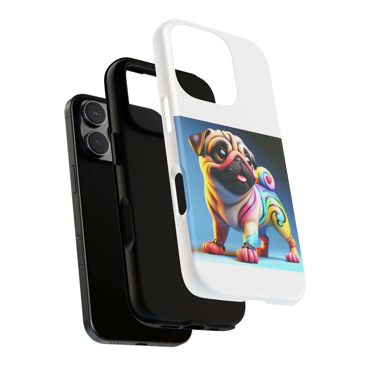 Pug dog phone case with 3D wrap design, durable dual-layer protection.