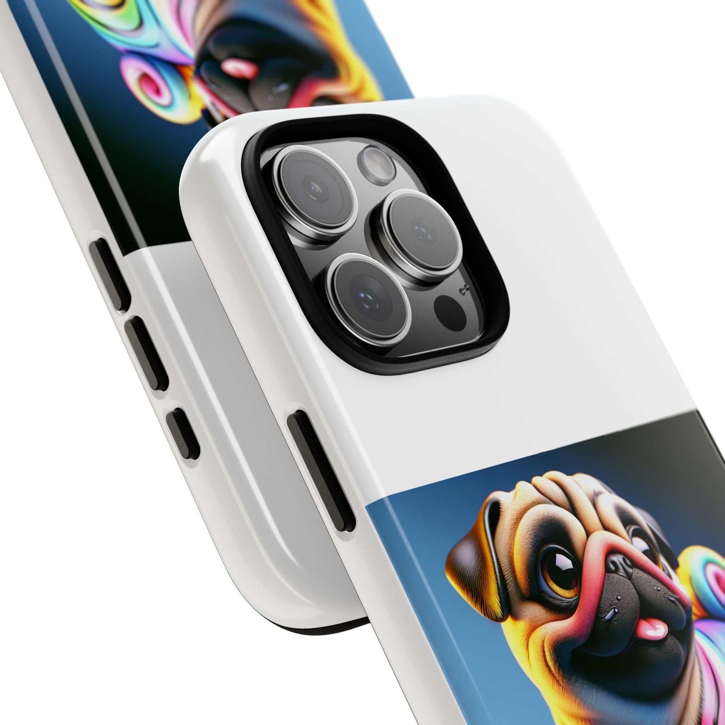 Pug dog phone case with 3D wrap design, durable and impact-resistant, ideal for animal lovers.