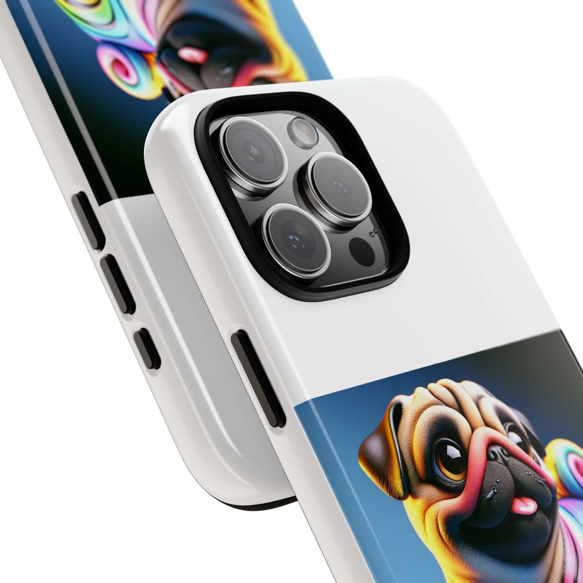 Pug dog phone case with 3D wrap design, durable and impact-resistant, ideal for animal lovers.