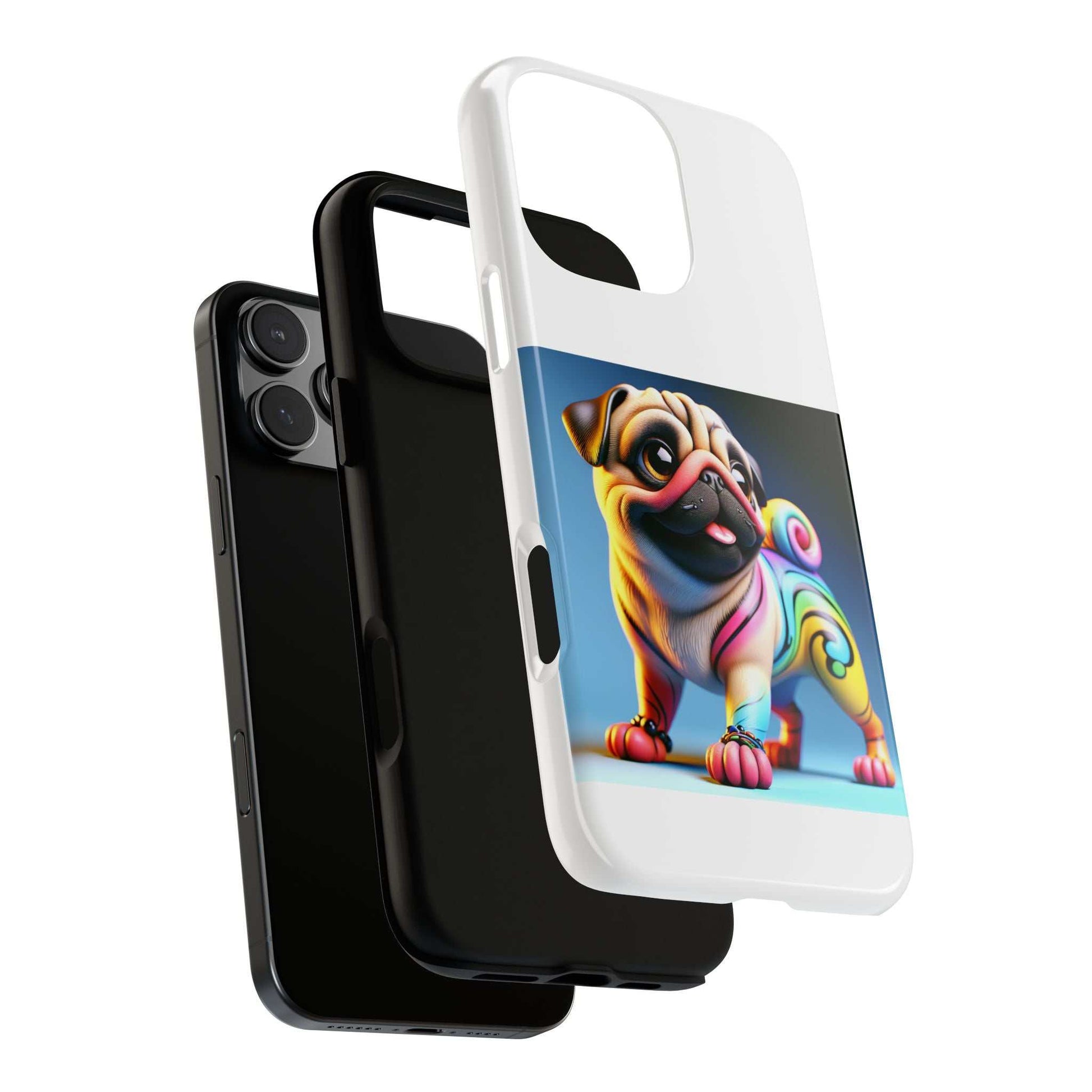 Pug dog 3D phone case with colorful design, durable and shock-absorbing dual layer.