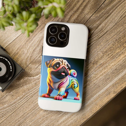 Pug Dog 3D phone case with colorful design on wooden surface.