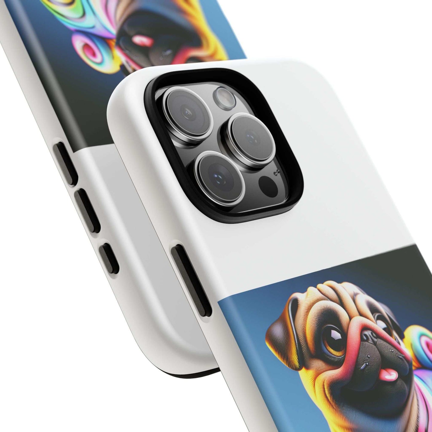 Pug dog phone case with 3D wrap design and impact-resistant materials.