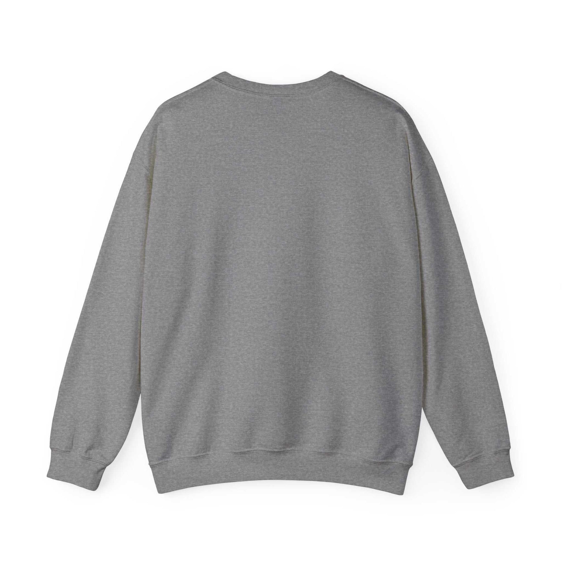 Unisex Heavy Blend Crewneck Sweatshirt in gray, showcasing back view with ribbed cuffs and waistband. Made from 50% cotton and 50% polyester.