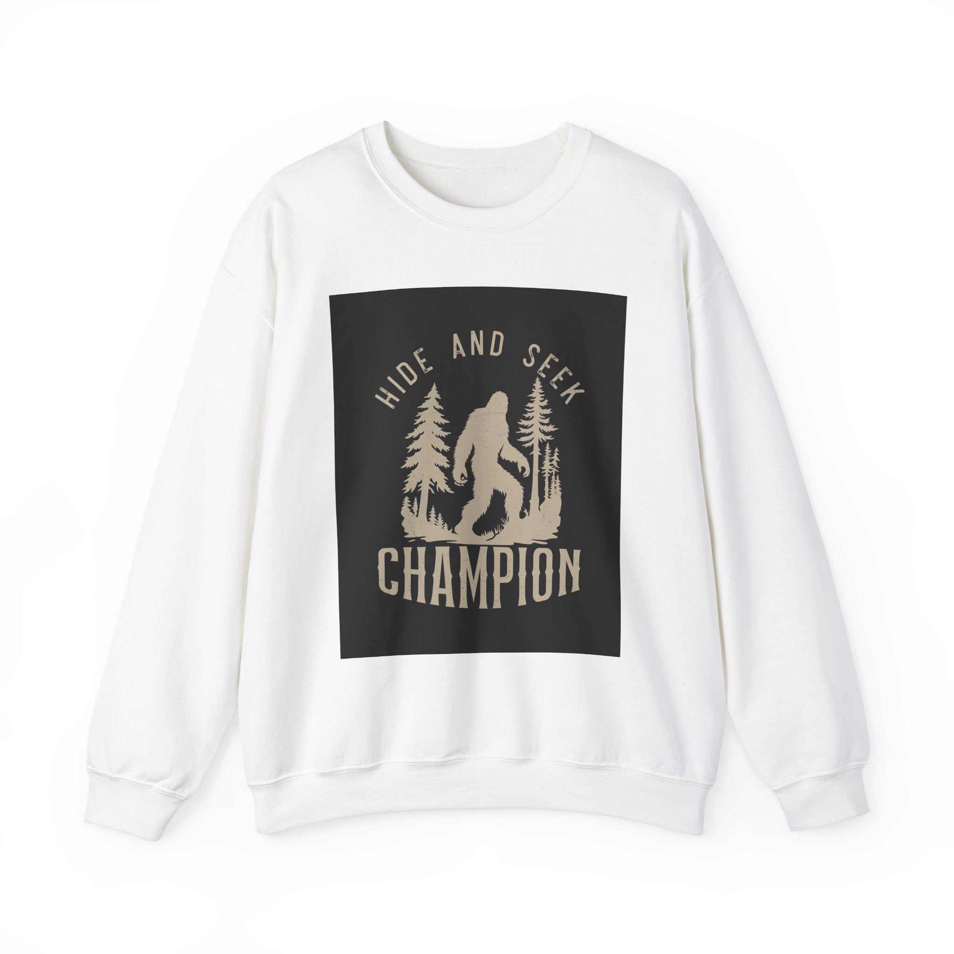 Unisex Heavy Blend™ Crewneck Sweatshirt with "Hide and Seek Champion" print, featuring a comfortable polyester-cotton blend for a soft feel and durable design.