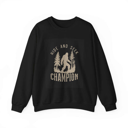 Unisex Heavy Blend™ Crewneck Sweatshirt with 'Hide and Seek Champion' graphic in black, ribbed knit collar, made from 50% cotton and 50% polyester for comfort and durability.