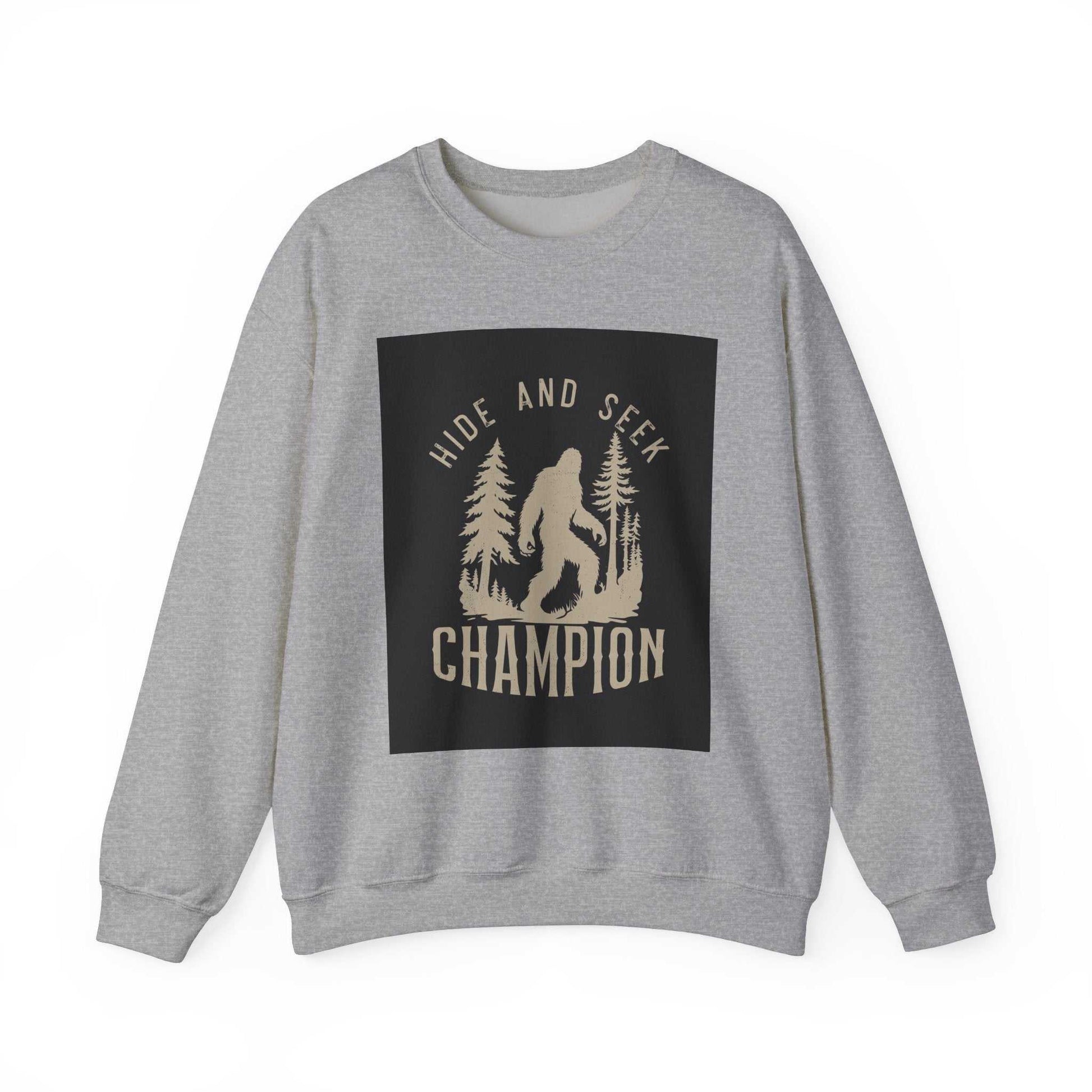 Unisex Heavy Blend™ Crewneck Sweatshirt with "Hide and Seek Champion" graphic, made from cozy cotton-polyester blend.