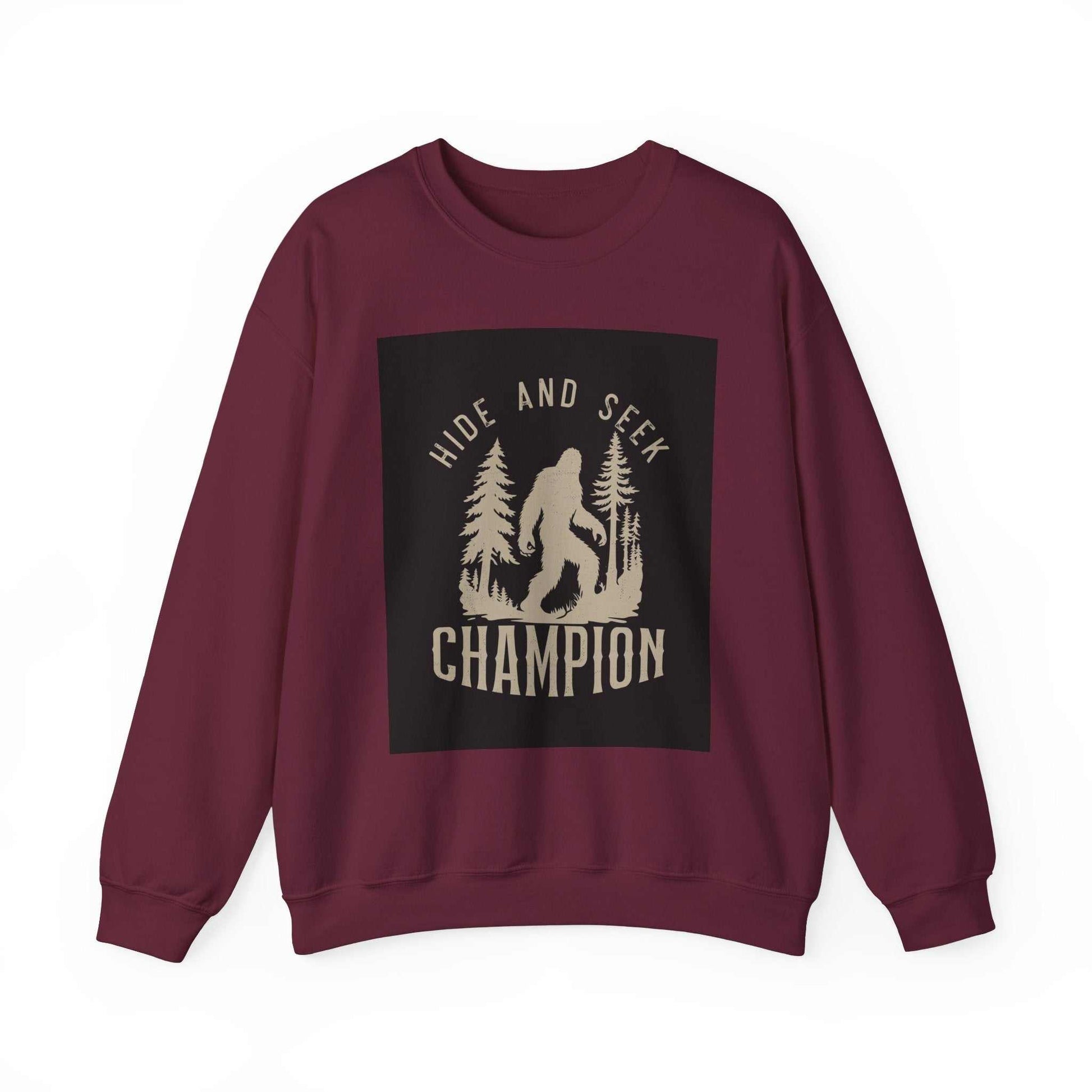 Unisex Heavy Blend™ Crewneck Sweatshirt with "Hide and Seek Champion" design in maroon color.