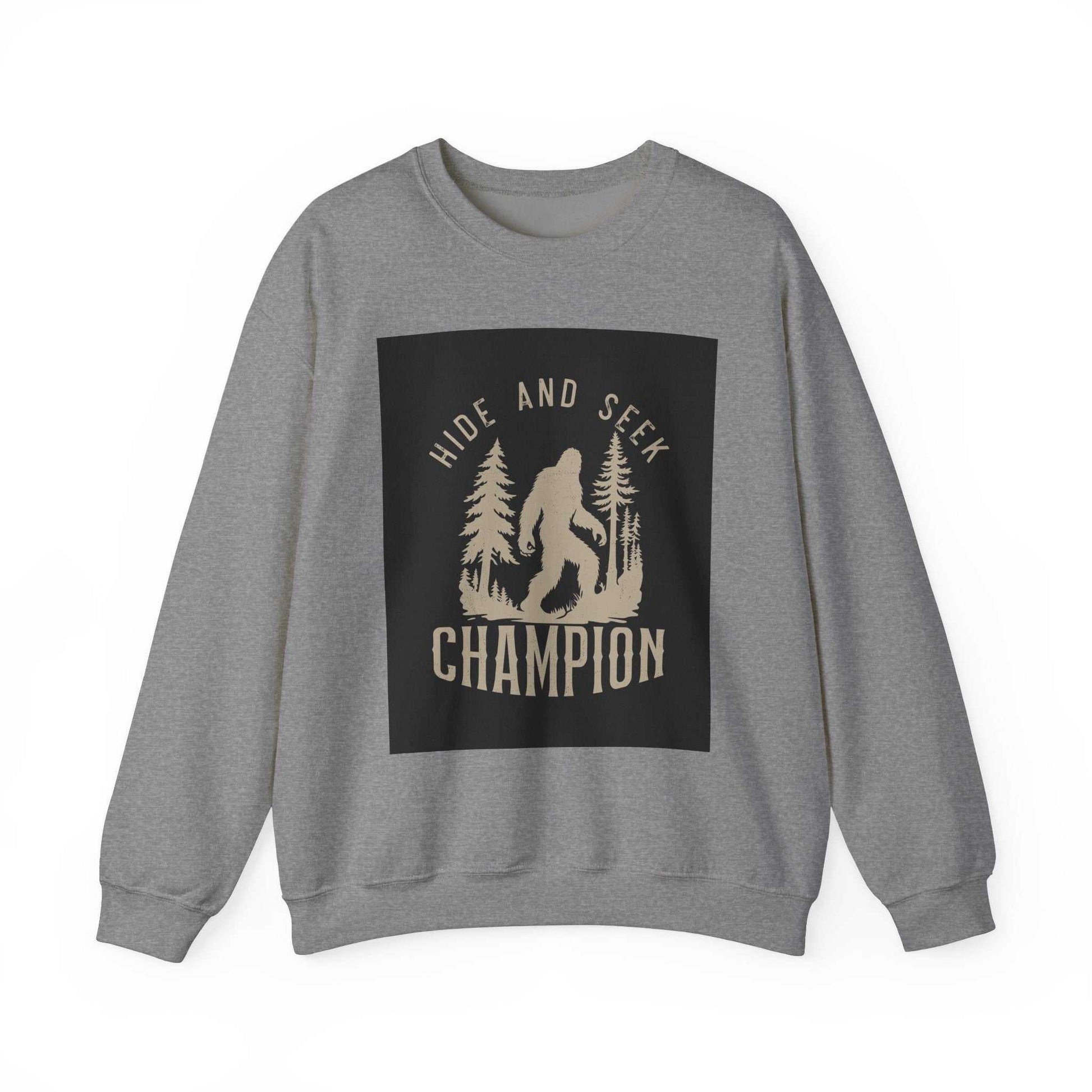 Unisex Heavy Blend™ Crewneck Sweatshirt with "Hide and Seek Champion" design, medium-heavy fabric, gray color.