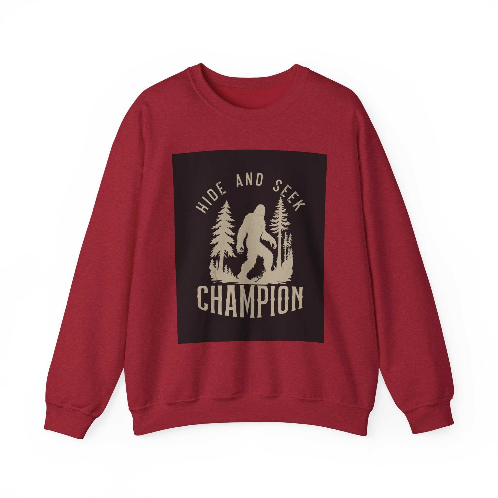 Unisex Heavy Blend™ Crewneck Sweatshirt with 'Hide and Seek Champion' design in red, cozy and sustainable fabric blend.