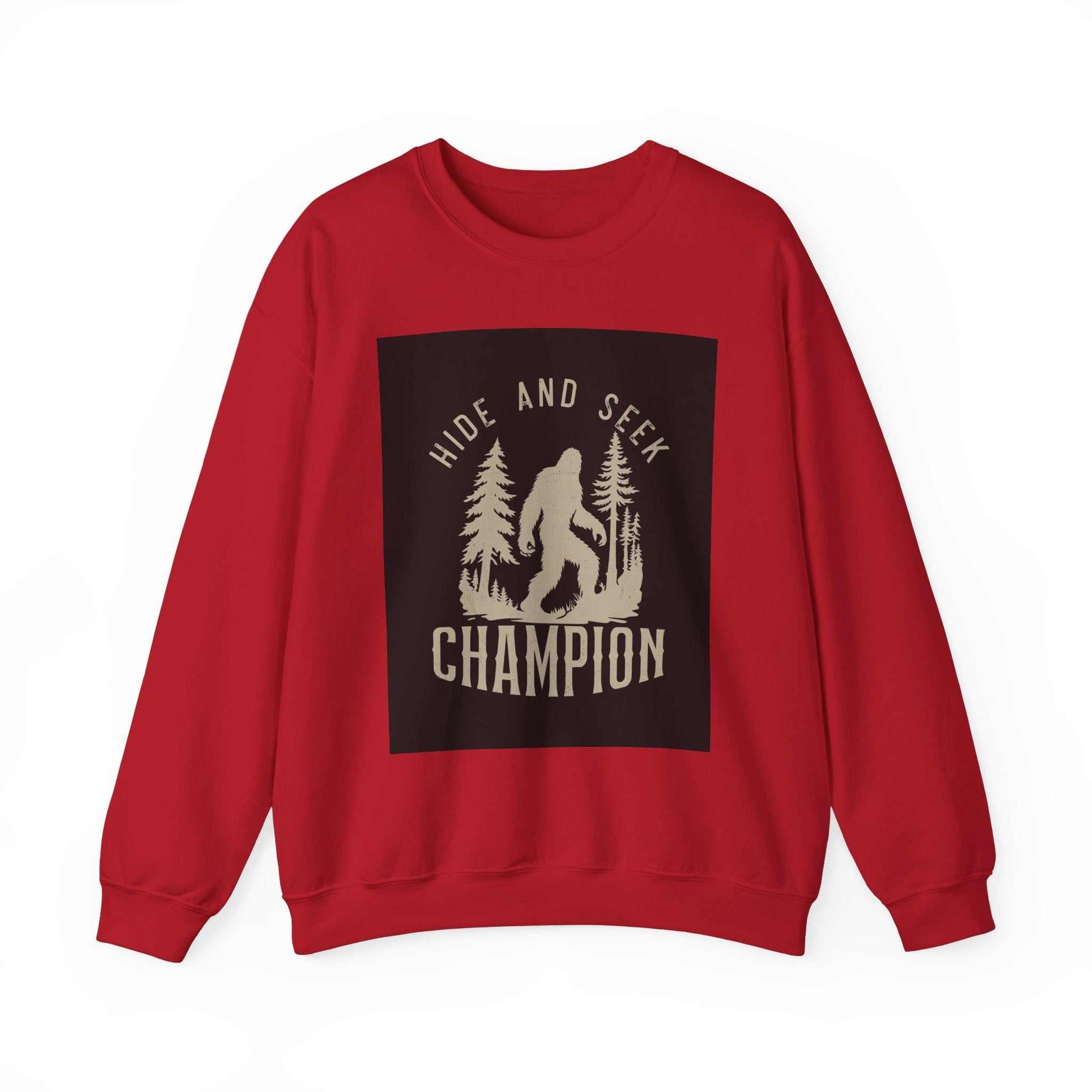 Unisex Heavy Blend™ Crewneck Sweatshirt in red with "Hide and Seek Champion" graphic design for warmth and comfort.