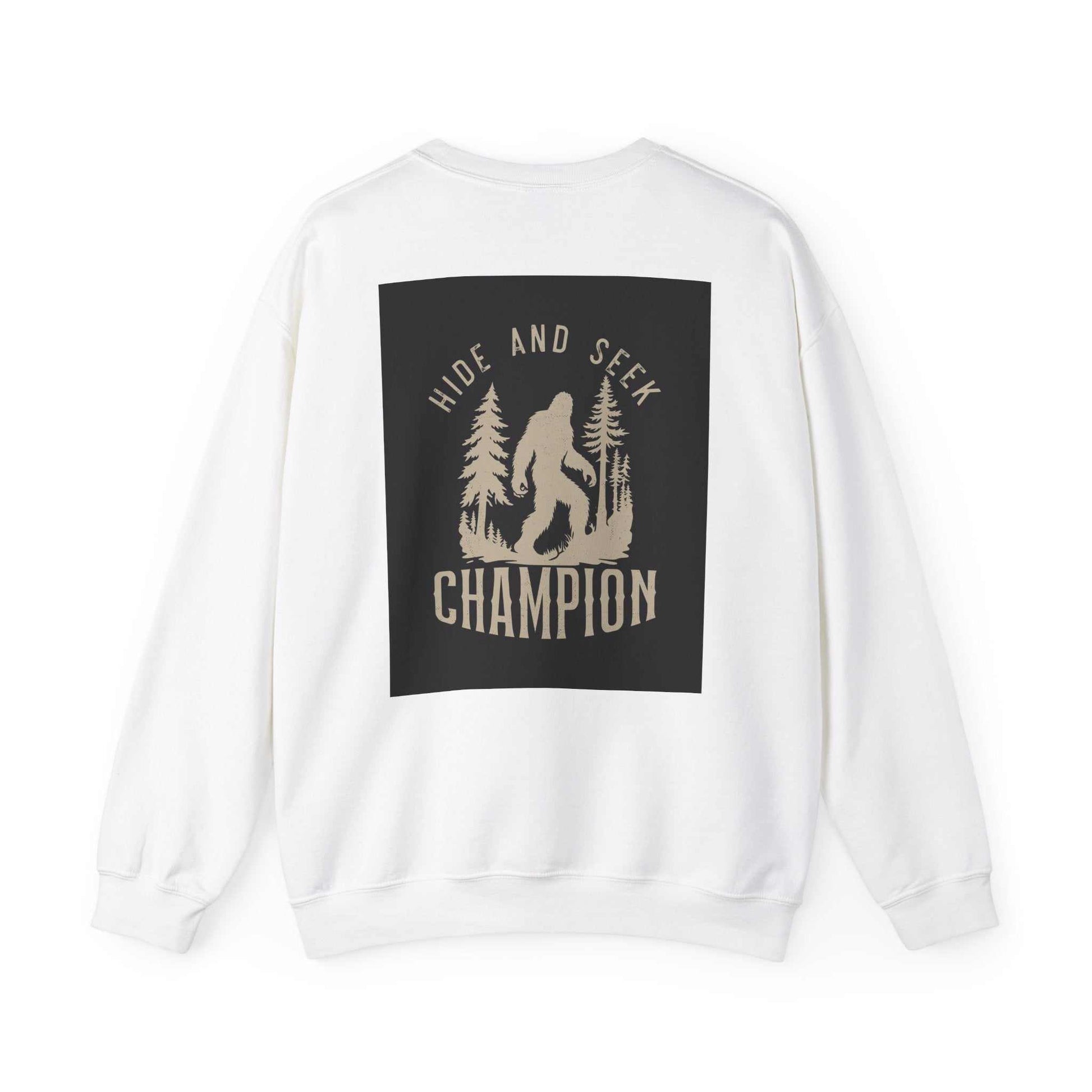 Unisex Heavy Blend™ Crewneck Sweatshirt with "Hide and Seek Champion" graphic on back, made of soft cotton-polyester blend, ideal for cold months.