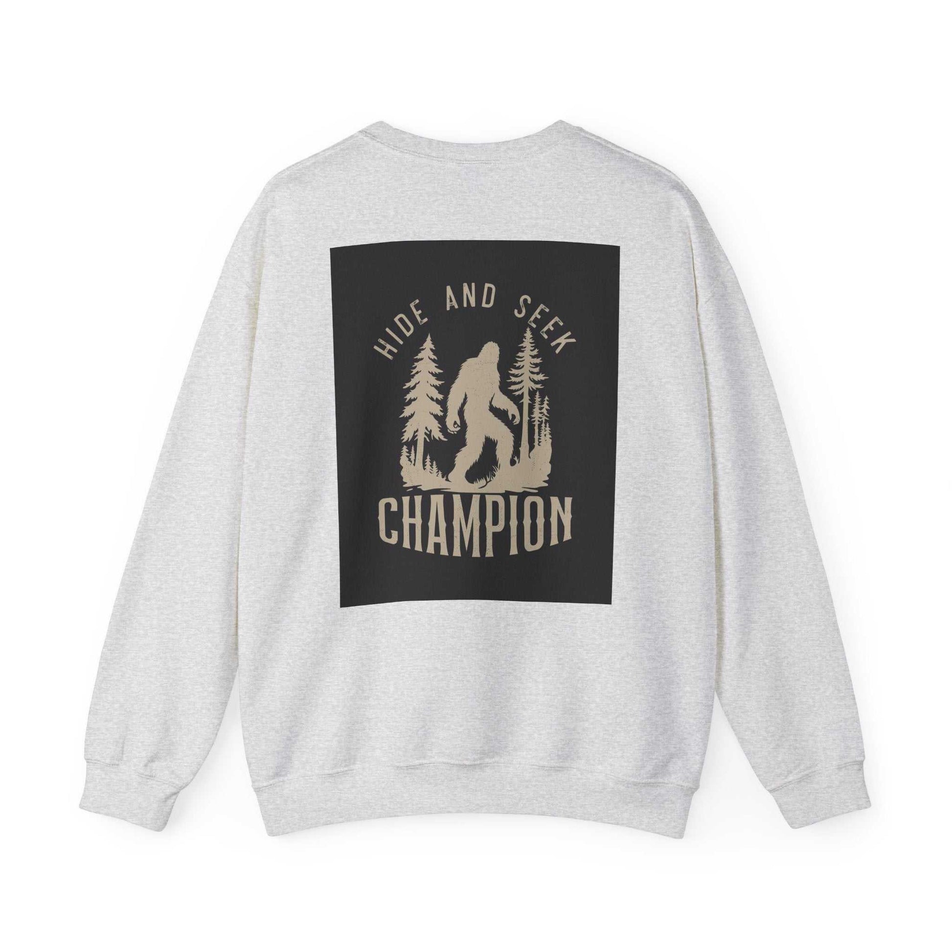 Unisex Heavy Blend™ Crewneck Sweatshirt with "Hide and Seek Champion" design on back, cozy polyester-cotton blend.