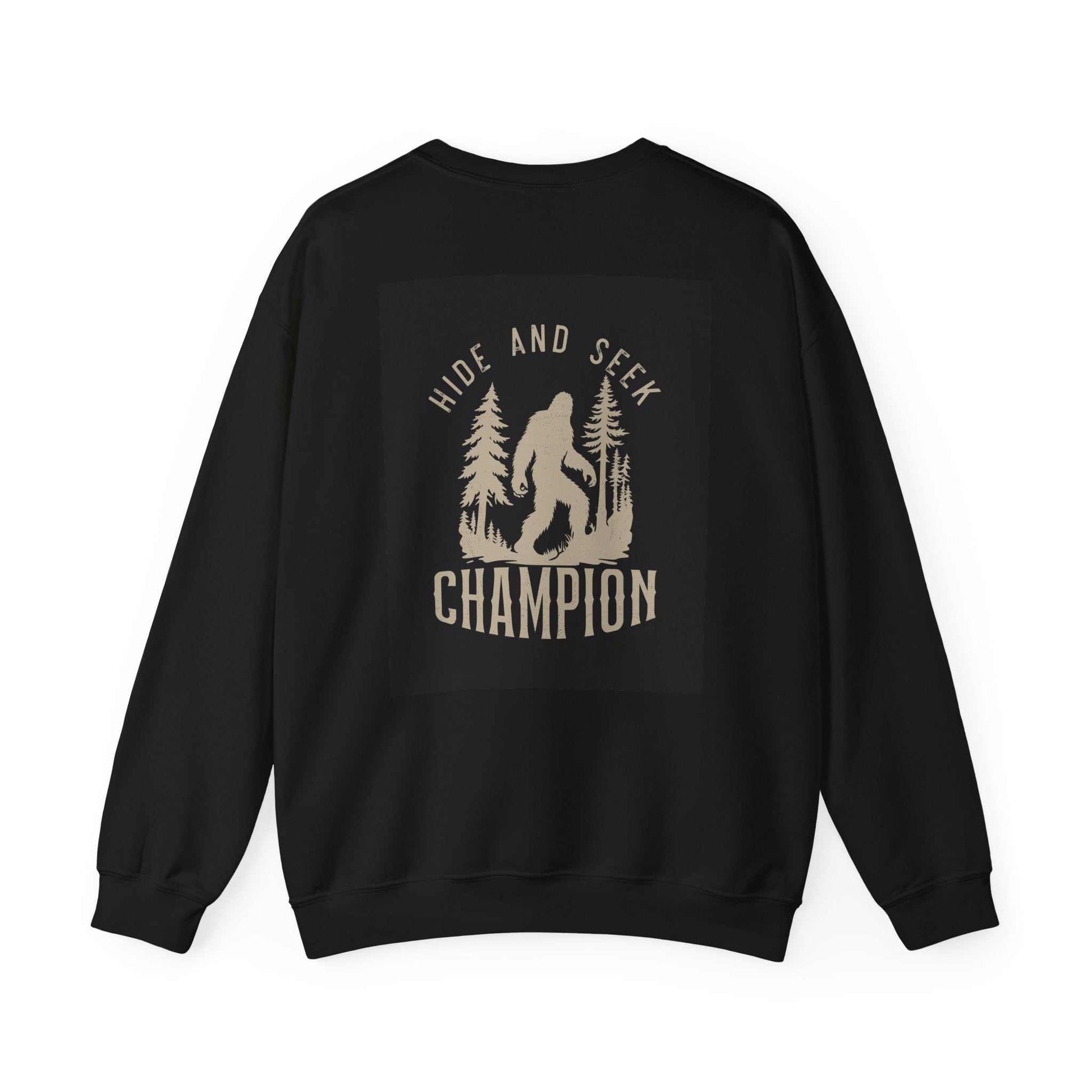 Unisex Heavy Blend™ Crewneck Sweatshirt with "Hide and Seek Champion" print in black, featuring ribbed knit collar and durable stitching.