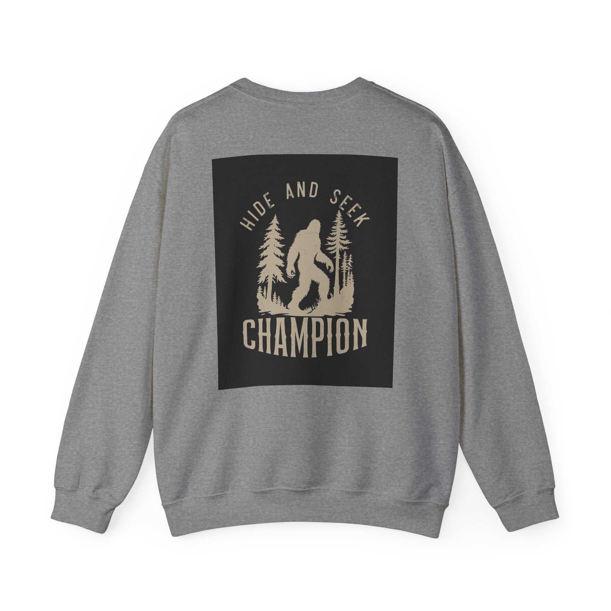 Unisex Heavy Blend™ Crewneck Sweatshirt with Bigfoot design and "Hide and Seek Champion" text on the back, made of a cotton-polyester blend for comfort and durability.