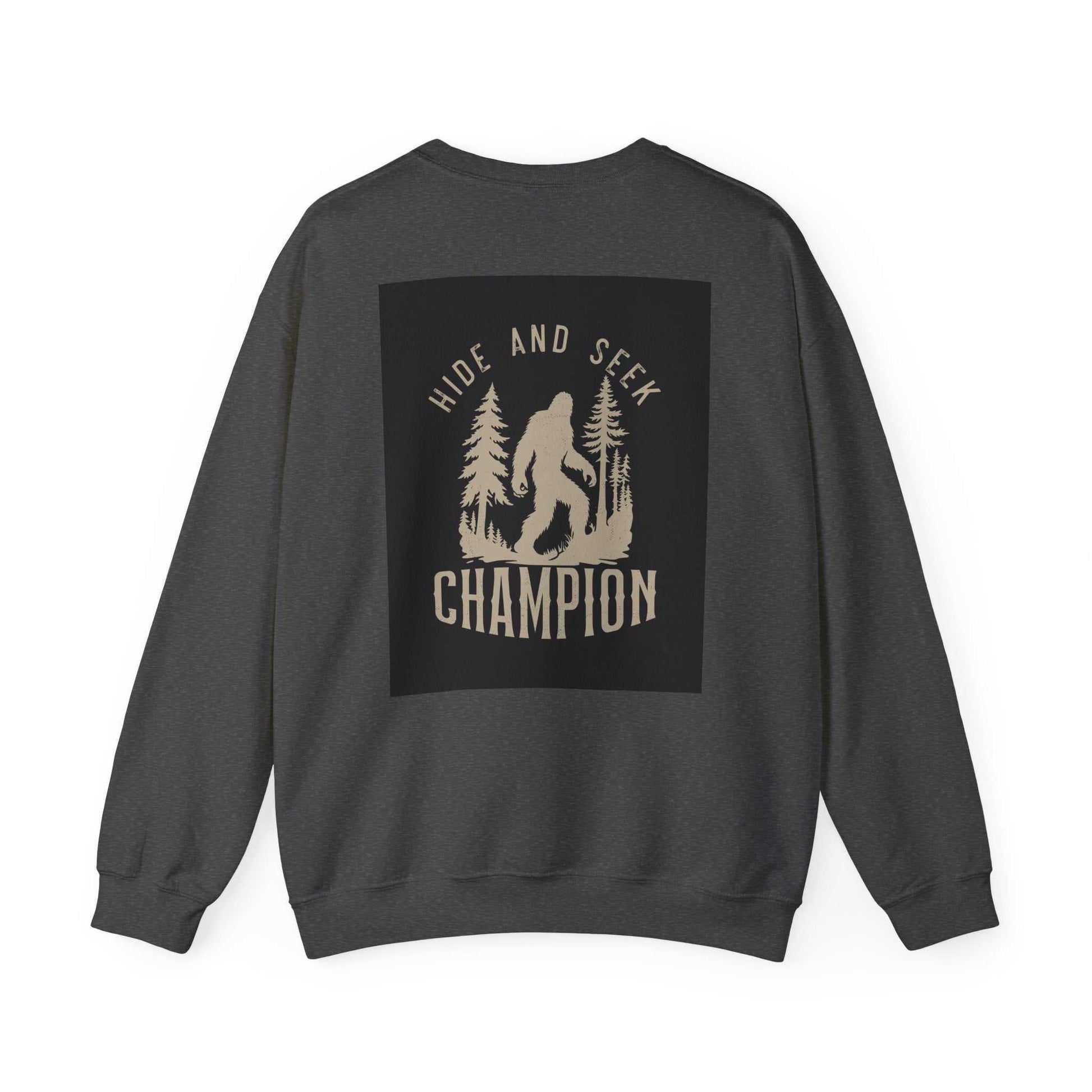 Unisex Heavy Blend™ Crewneck Sweatshirt with "Hide and Seek Champion" design on back.