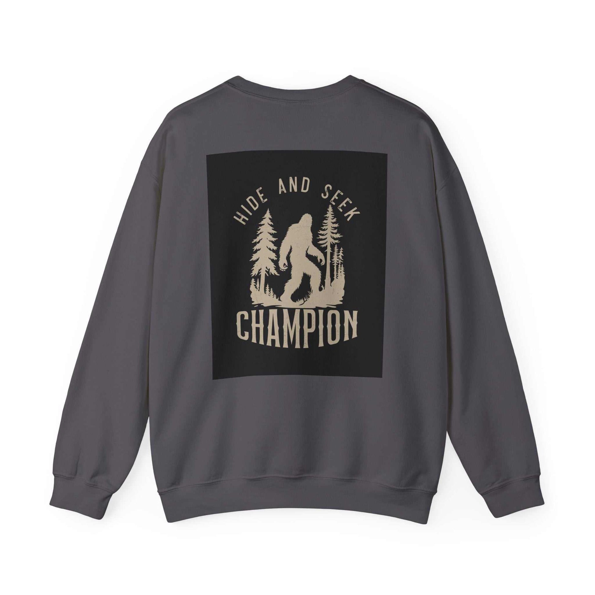 Unisex Heavy Blend™ Crewneck Sweatshirt with "Hide and Seek Champion" design on back, medium-heavy fabric, ribbed collar.
