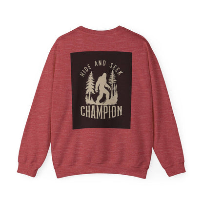 Unisex Heavy Blend™ Crewneck Sweatshirt, red, with "Hide and Seek Champion" graphic on back.