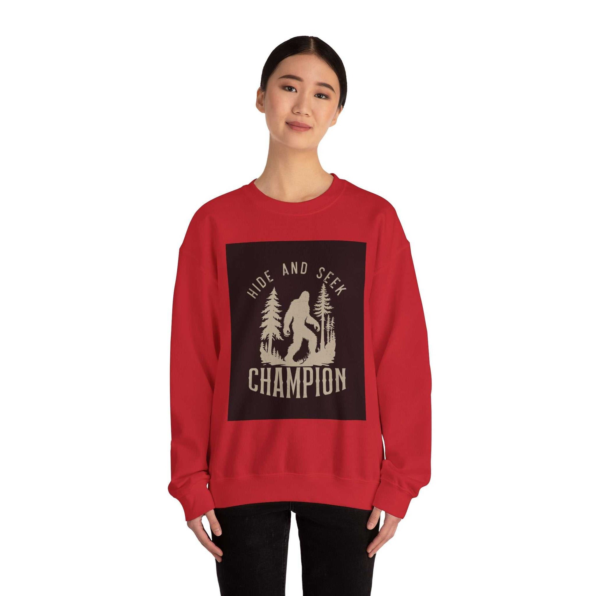 Unisex Heavy Blend™ Crewneck Sweatshirt with "Hide and Seek Champion" design on a red background.