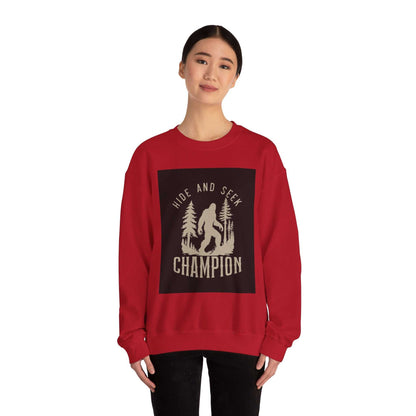 Unisex Heavy Blend™ Crewneck Sweatshirt in red featuring "Hide and Seek Champion" graphic.