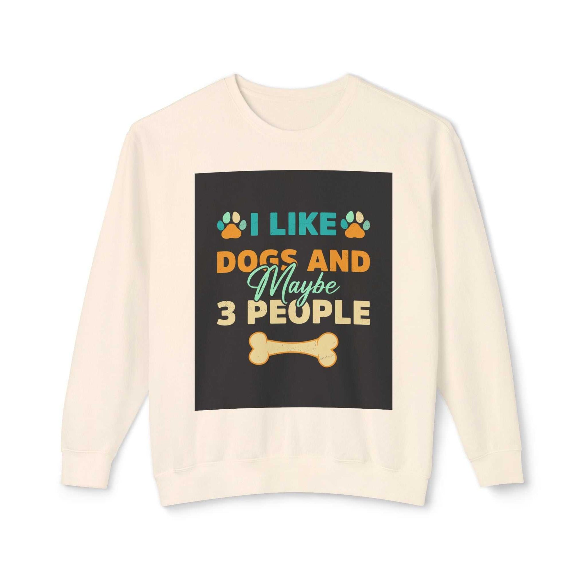 Unisex Lightweight Crewneck Sweatshirt with "I Like Dogs and Maybe 3 People" graphic, soft ring-spun cotton, sustainable.