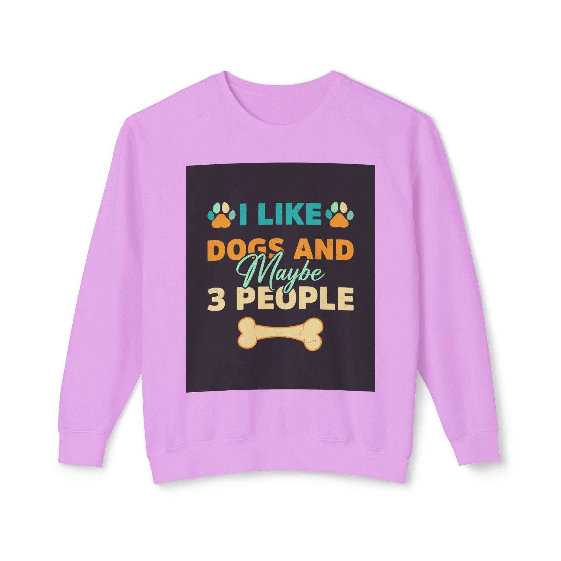 Unisex lightweight crewneck sweatshirt in lavender with dog-themed graphic design.