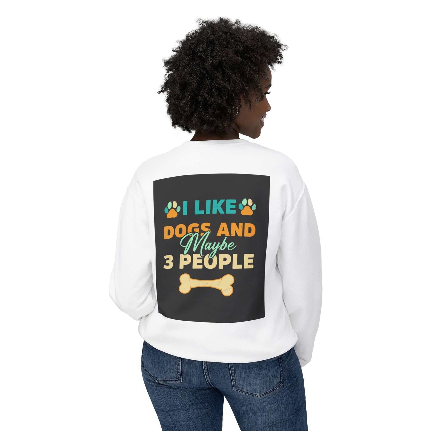 Unisex Lightweight Crewneck Sweatshirt with dog-themed graphic, relaxed fit, white, soft ring-spun cotton.