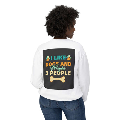 Unisex Lightweight Crewneck Sweatshirt with dog-themed graphic, relaxed fit, white, soft ring-spun cotton.