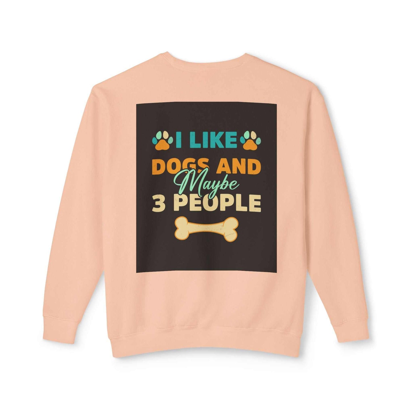 Unisex lightweight crewneck sweatshirt in peach with dog-themed graphic and text.